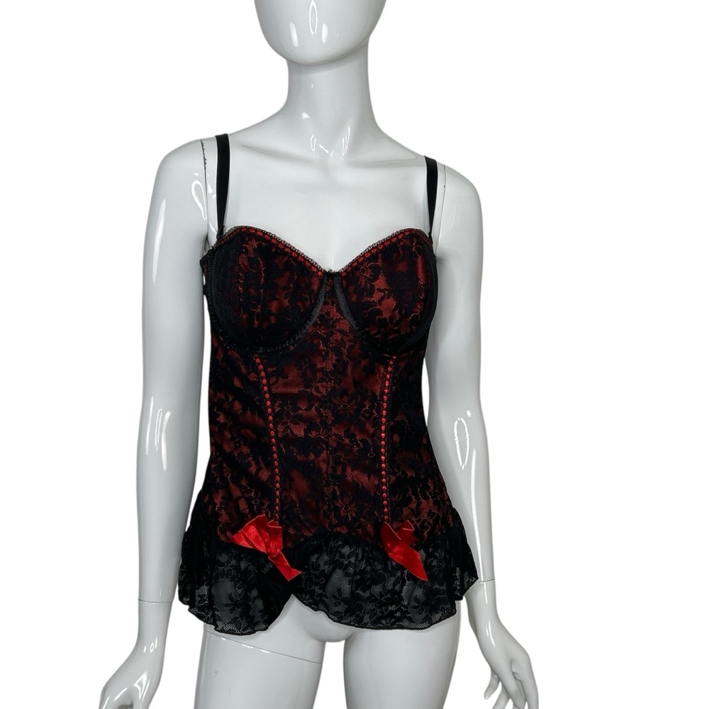 Black and Red Lace Bustier Corset 38C Sexy Passion Forever Red Bows